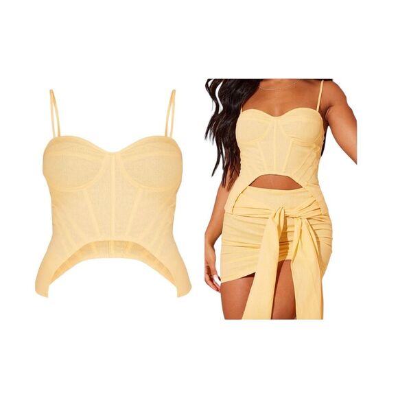NWT PRETTYLITTLETHING Pale Yellow Linen Look Curved Hem Corset Top, Size 12 - Picture 1 of 10